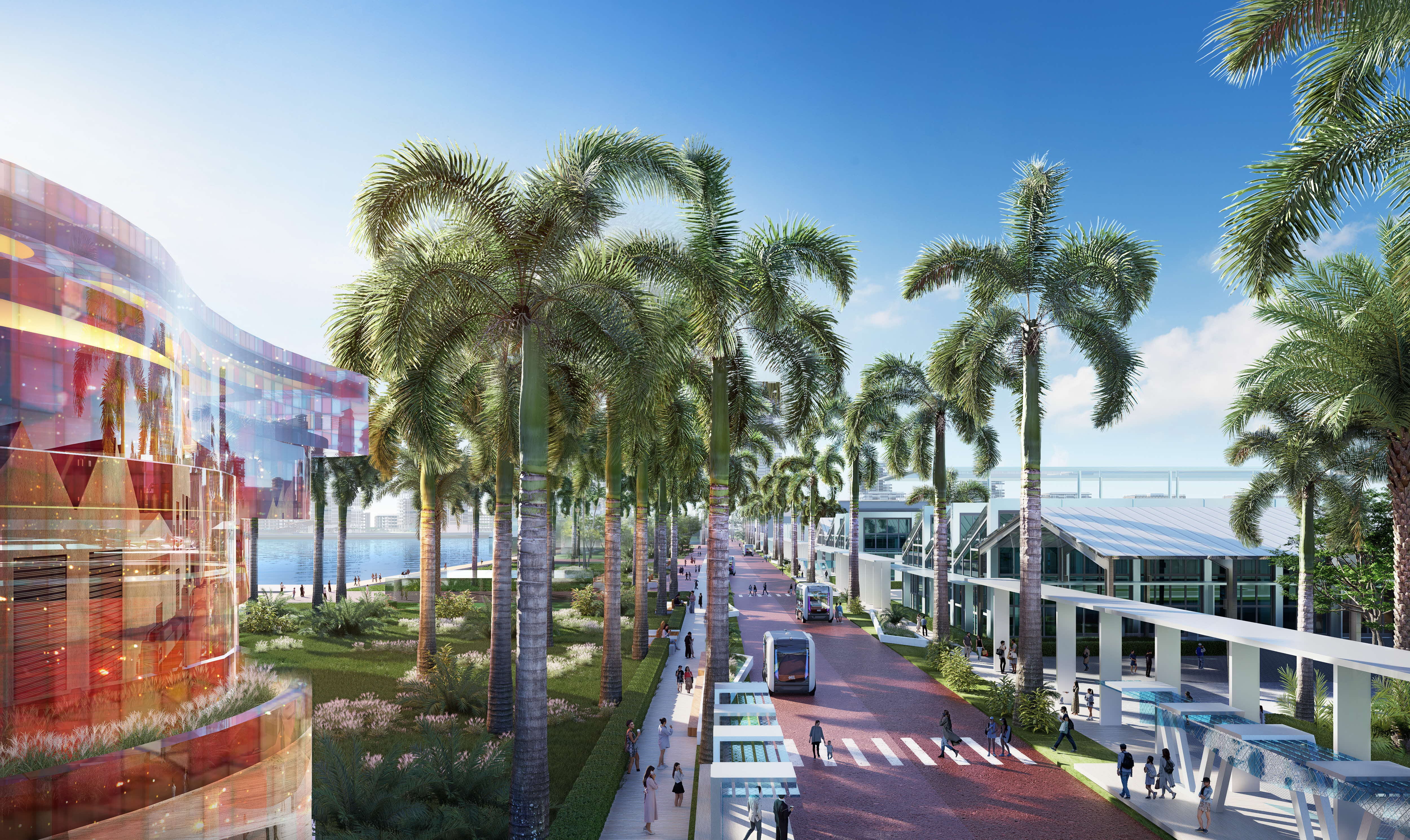 Conceptual render of a lush seaside boulevard